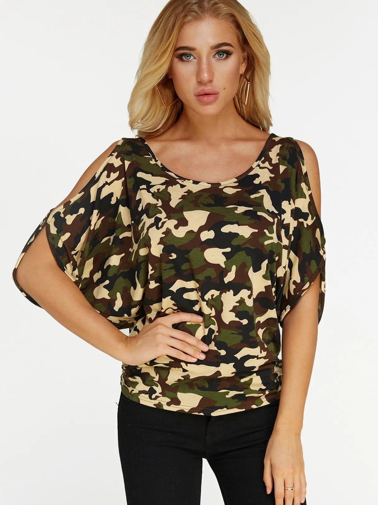Wholesale Scoop Neck Cold Shoulder Cut Out Tie-Up Short Sleeve Camouflage T-Shirts