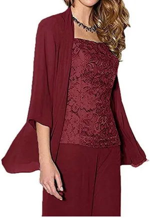 Women's 3 Pieces Chiffon Mother of The Bride Dress Pants Suits Wedding Outfit Lace Evening Dress