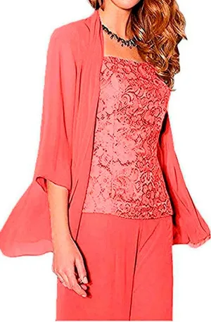 Women's 3 Pieces Chiffon Mother of The Bride Dress Pants Suits Wedding Outfit Lace Evening Dress