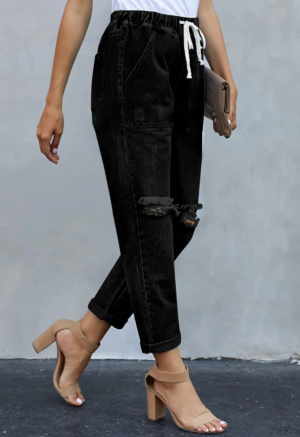 Womens Casual Pull-on Distressed Stretch Jeans Elastic Waist Jean Denim Joggers Pants