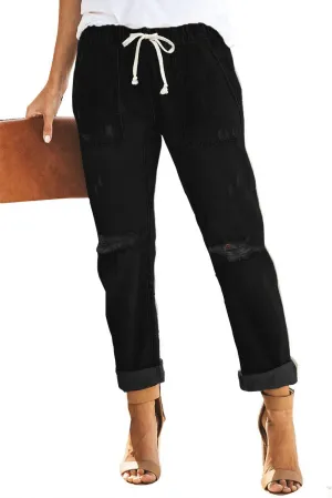 Womens Casual Pull-on Distressed Stretch Jeans Elastic Waist Jean Denim Joggers Pants