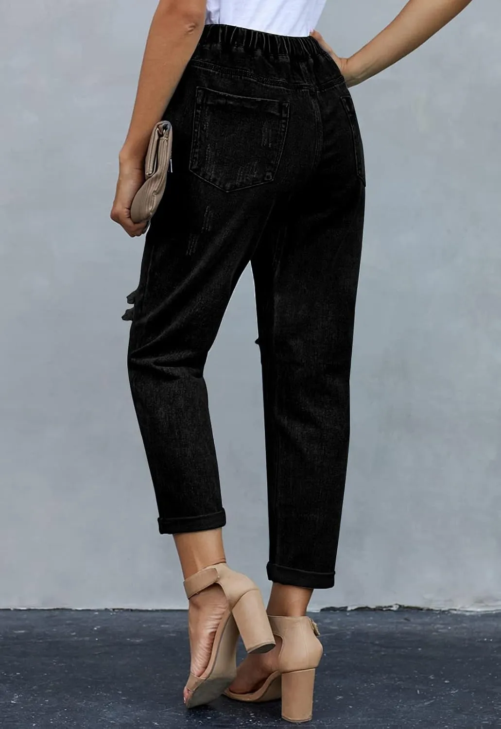 Womens Casual Pull-on Distressed Stretch Jeans Elastic Waist Jean Denim Joggers Pants