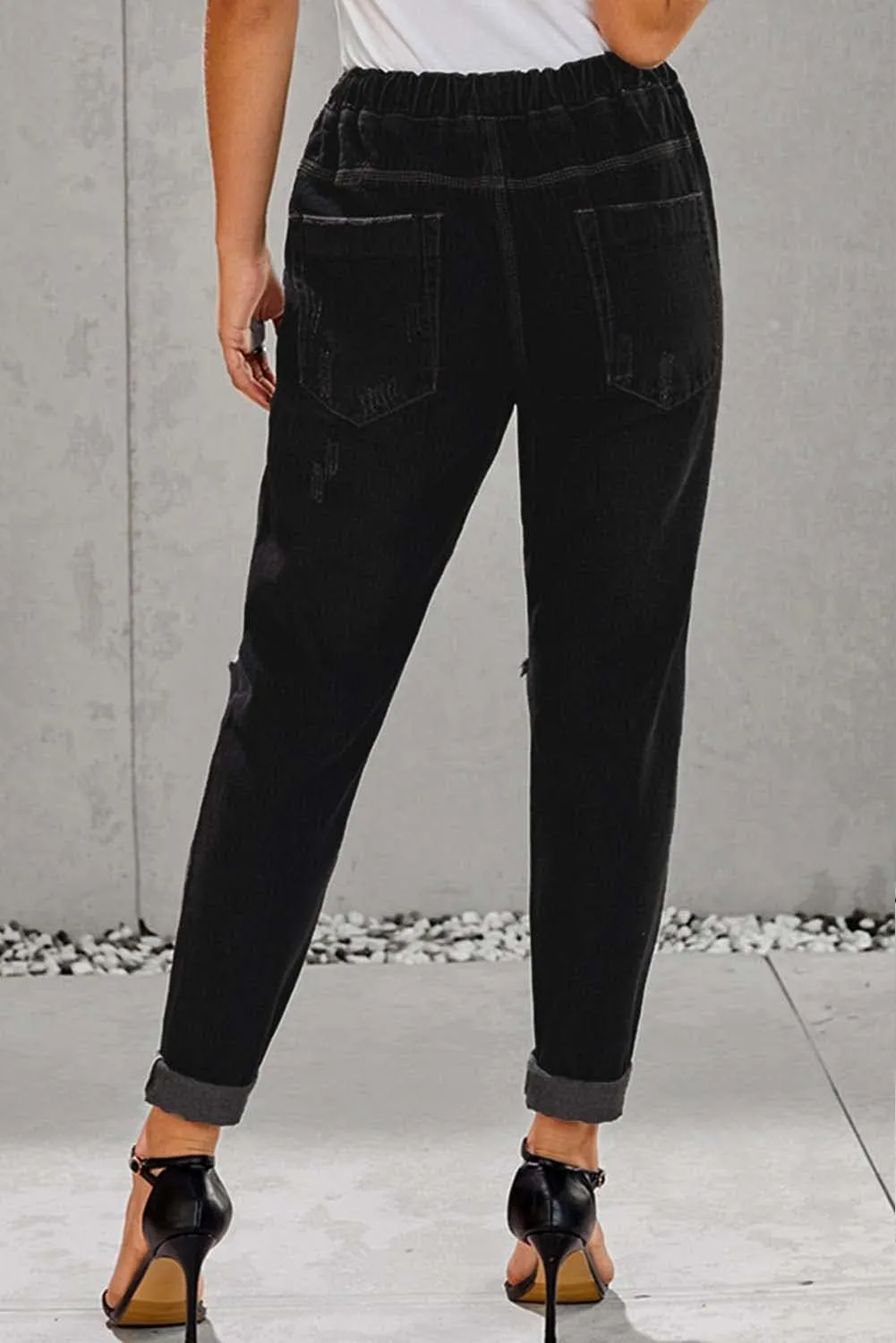 Womens Casual Pull-on Distressed Stretch Jeans Elastic Waist Jean Denim Joggers Pants