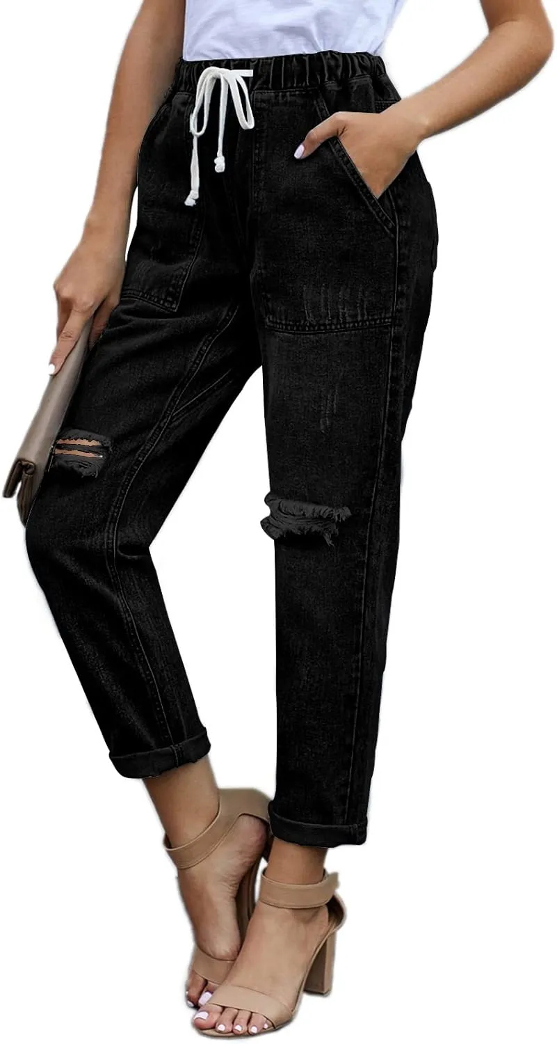 Womens Casual Pull-on Distressed Stretch Jeans Elastic Waist Jean Denim Joggers Pants