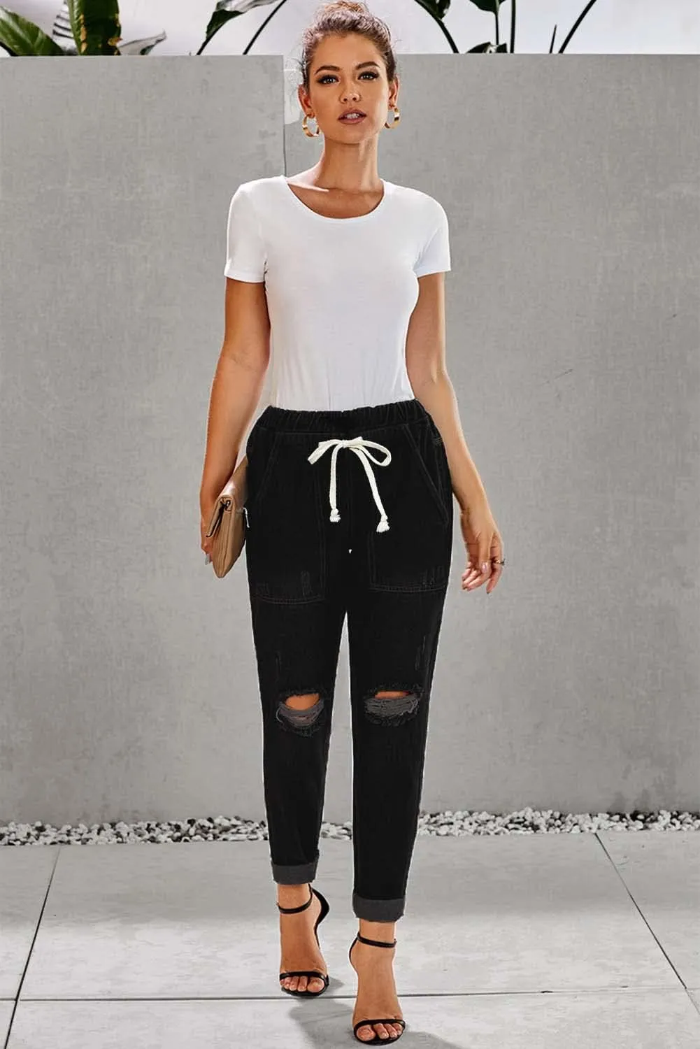 Womens Casual Pull-on Distressed Stretch Jeans Elastic Waist Jean Denim Joggers Pants