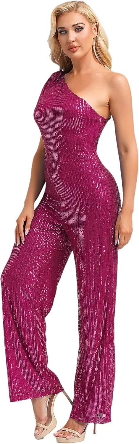 Womens Dressy Jumpsuits Sleeveless One Shoulder Sparkly Sequin Long Straight Pants Party Romper