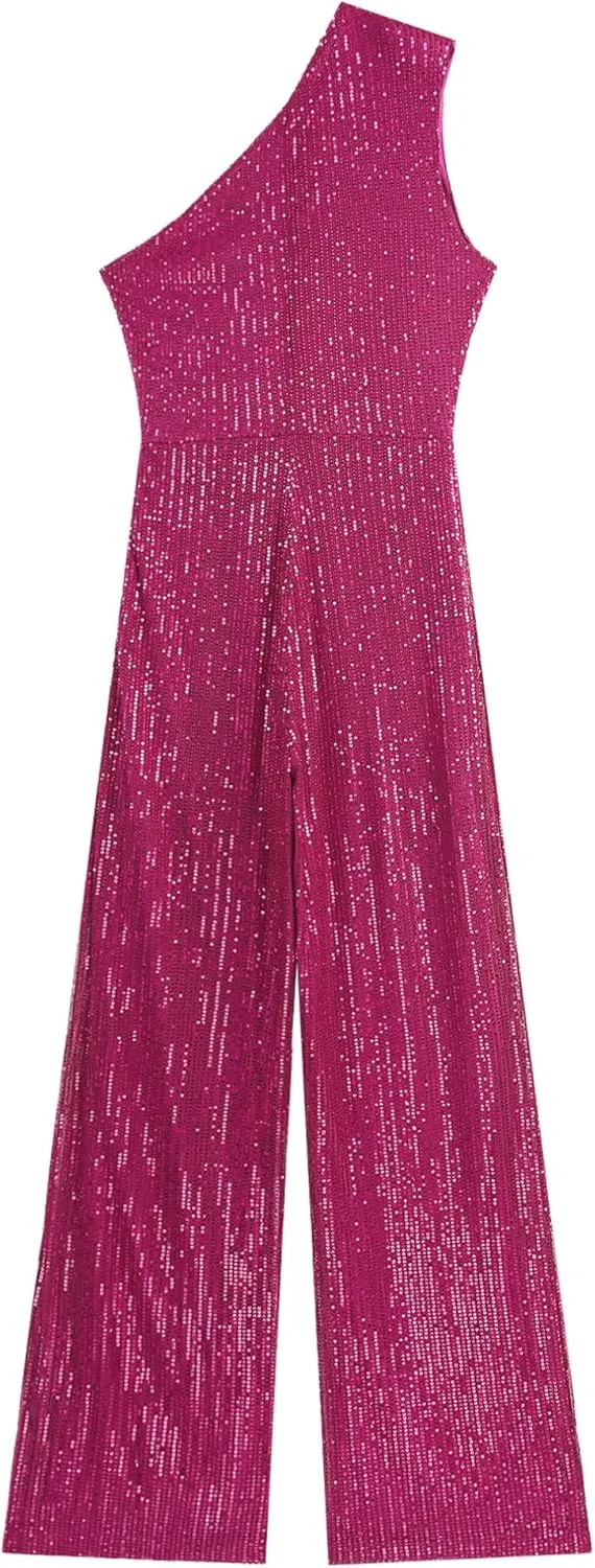 Womens Dressy Jumpsuits Sleeveless One Shoulder Sparkly Sequin Long Straight Pants Party Romper