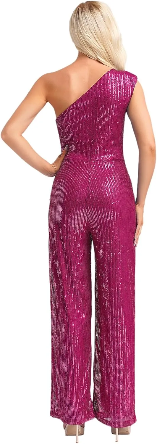 Womens Dressy Jumpsuits Sleeveless One Shoulder Sparkly Sequin Long Straight Pants Party Romper