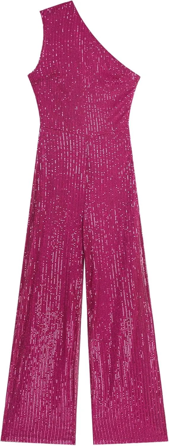 Womens Dressy Jumpsuits Sleeveless One Shoulder Sparkly Sequin Long Straight Pants Party Romper