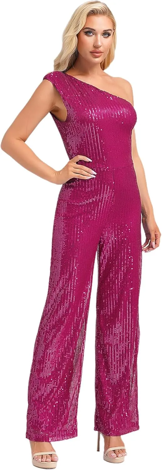 Womens Dressy Jumpsuits Sleeveless One Shoulder Sparkly Sequin Long Straight Pants Party Romper