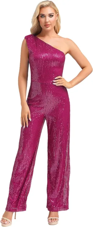 Womens Dressy Jumpsuits Sleeveless One Shoulder Sparkly Sequin Long Straight Pants Party Romper