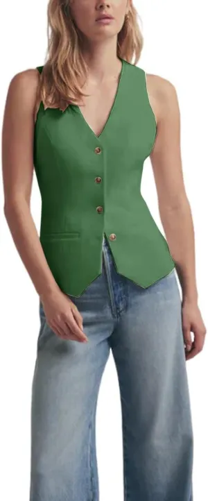 Women's Solid Vest Sleeveless 4 Button V Neck Waistcoat Casual Office Crop Top