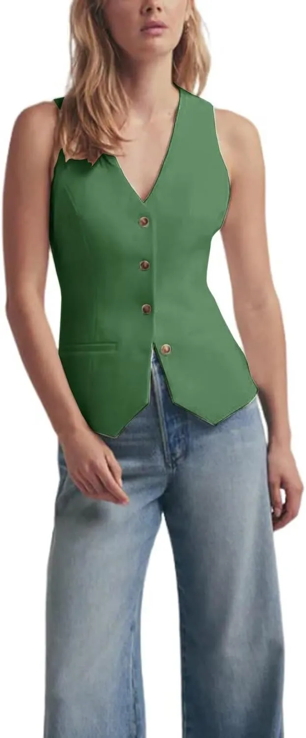 Women's Solid Vest Sleeveless 4 Button V Neck Waistcoat Casual Office Crop Top