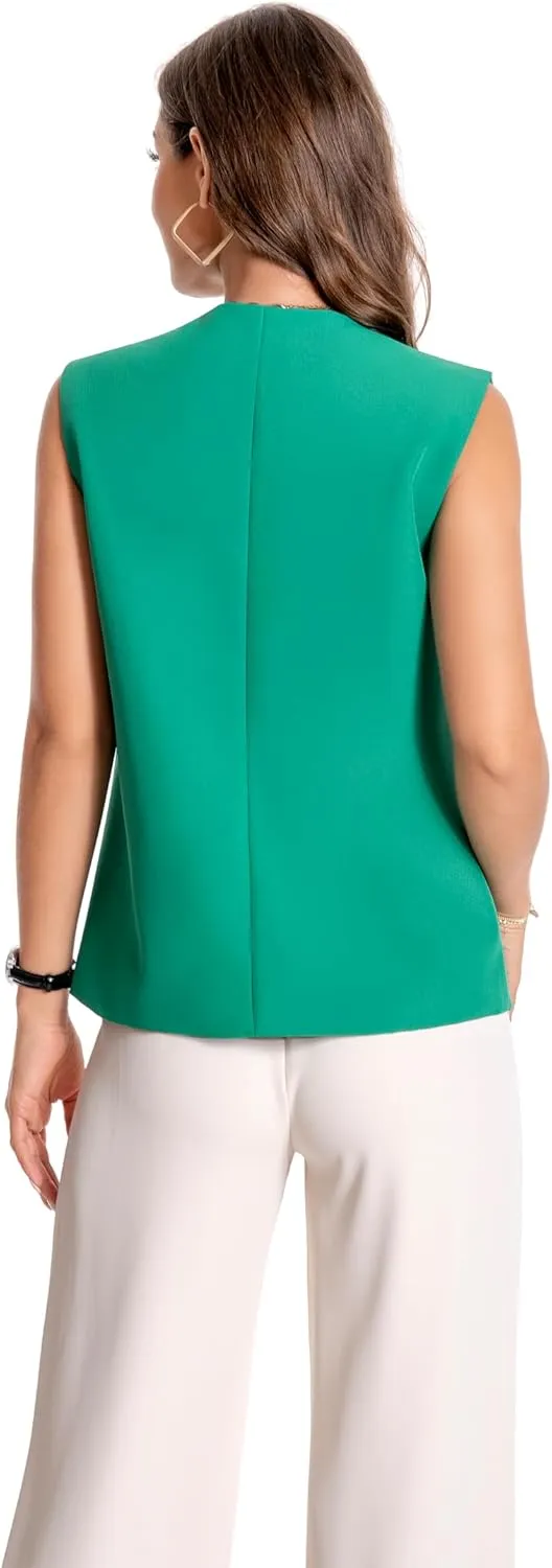 YYNUDA Women's Vest One Front Solid V Neck Casual Lightweight Sleeveless Blazer Waistcoat with Pockets