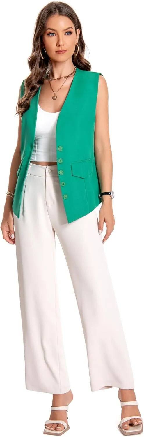 YYNUDA Women's Vest One Front Solid V Neck Casual Lightweight Sleeveless Blazer Waistcoat with Pockets